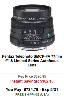 Pentax Telephoto SMCP-FA 77mm f:1.8 Limited Series Autofocus Lens sale