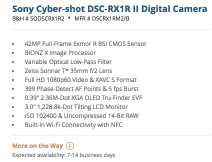 Sony Cyber-shot DSC-RX1R II Digital Camera DSCRX1RM2/B B&H Photo