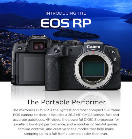 Canon EOS RP camera deal free grip and up to 300 rebate for selected