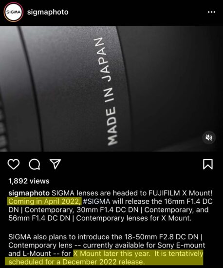 The new Sigma 18-50mm f/2.8 DC DN Contemporary lens for Fujifilm X-mount is expected to be released in December 2022