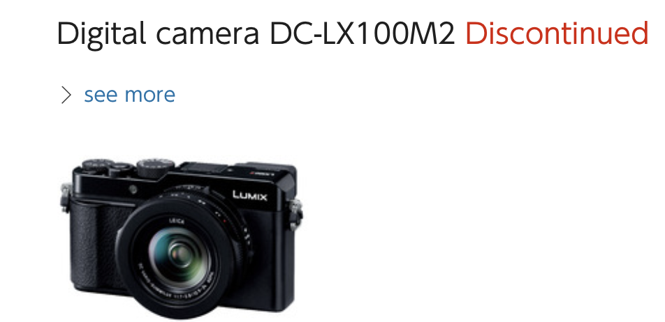 The Panasonic LX100 II camera (DC-LX100M2) listed as discontinued
